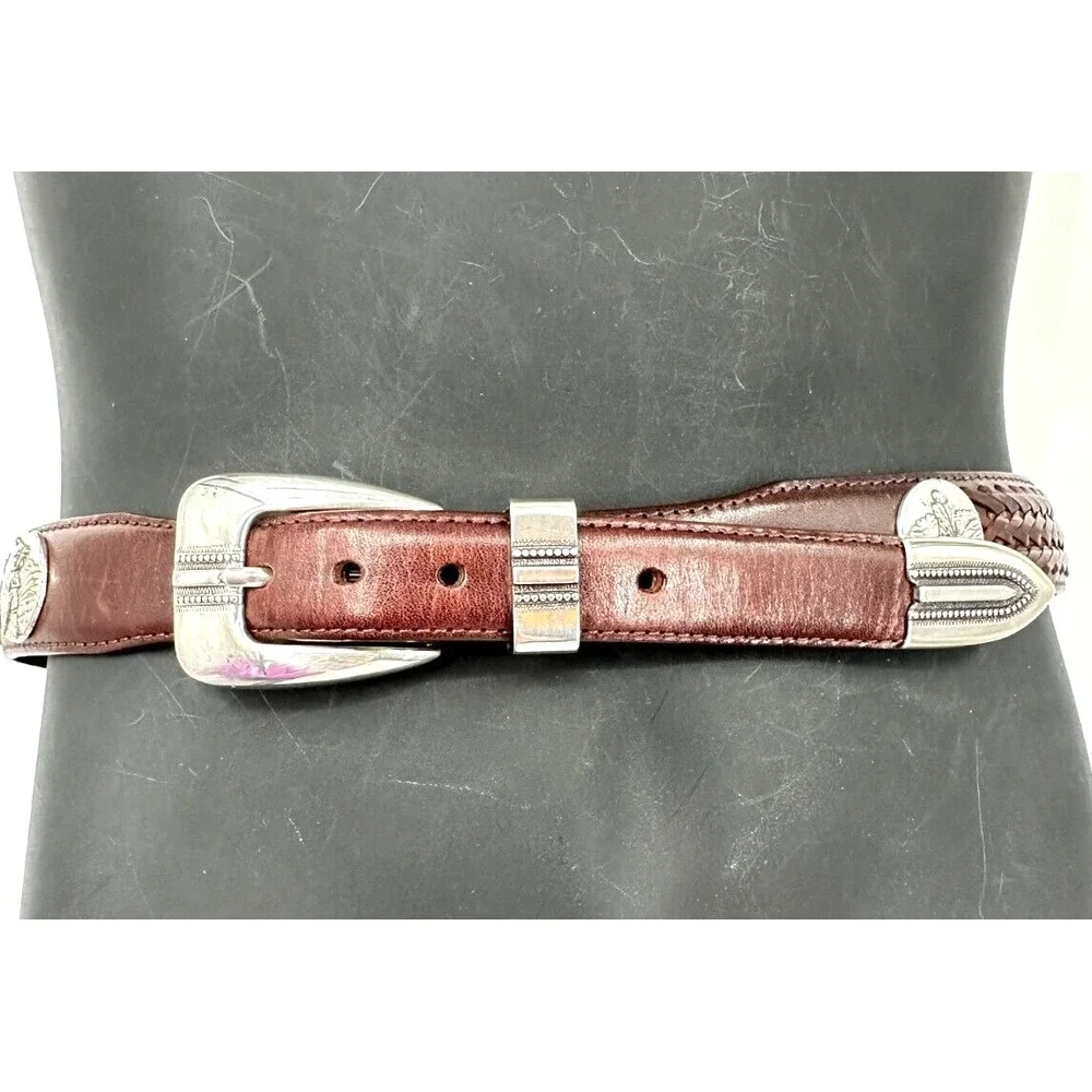 Brighton Onyx Men's 1998 Golf Motif Brown Leather Woven Inlay Belt Size 38